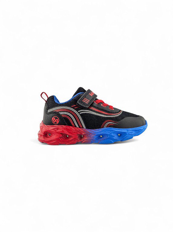 Tenis Luces Niño Negro Rojo Bubblegummers - 6464-32 (1) Tenis Luces con Velcro y cordon para niño en color Negro con Rojo marca Bubblegummers