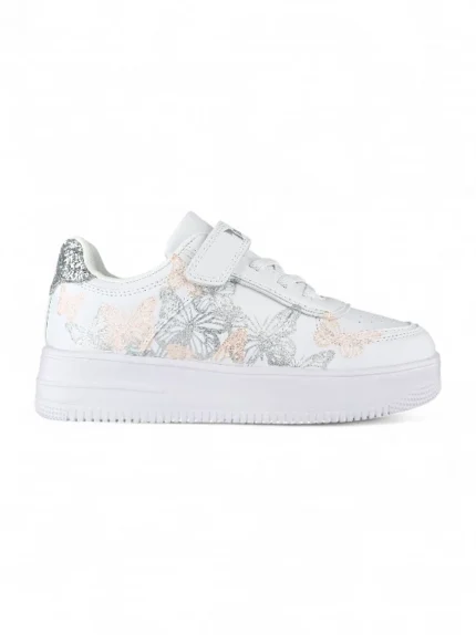 tenis casual para niña con diseño de mariposas en color blanco con plateado marca Titinos