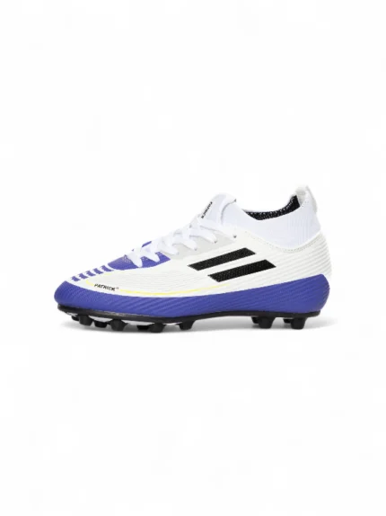Guayo Unisex Blanco con detalles Morados marca Patrick, ideal para canchas sintéticas, con suela de tracción y ajuste cómodo referencia 7120-255.