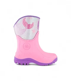 Bota de lluvia para niña color rosado con diseño de sirena, resistente al agua y de la marca Bubblegummers referencia 6762-15.