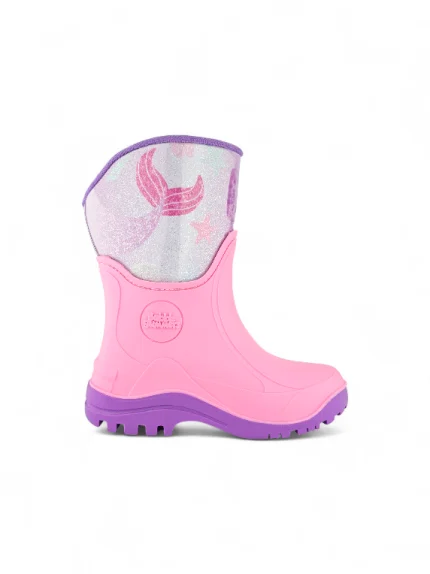 Bota de lluvia para niña color rosado con diseño de sirena, resistente al agua y de la marca Bubblegummers referencia 6762-15.