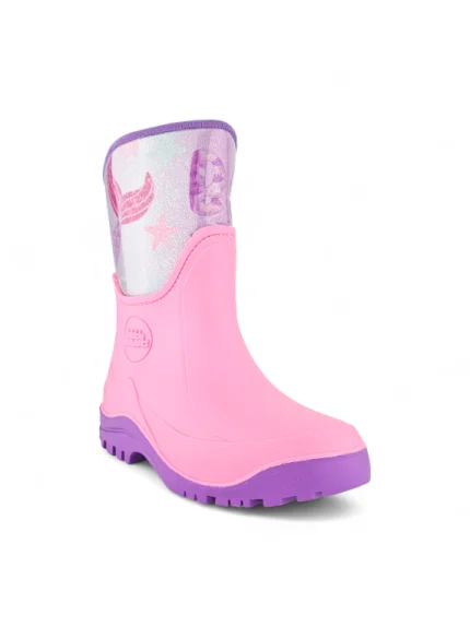 Bota de lluvia para niña color rosado con diseño de sirena, resistente al agua y de la marca Bubblegummers referencia 6762-15.