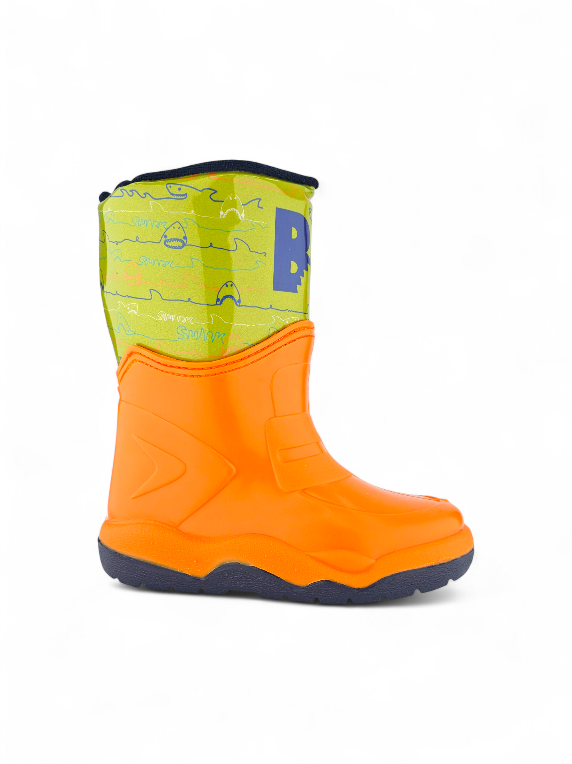 Bota de lluvia para niño en color naranja con diseño resistente y suela antideslizante marca Bubblegummers referencia 6750-1033.